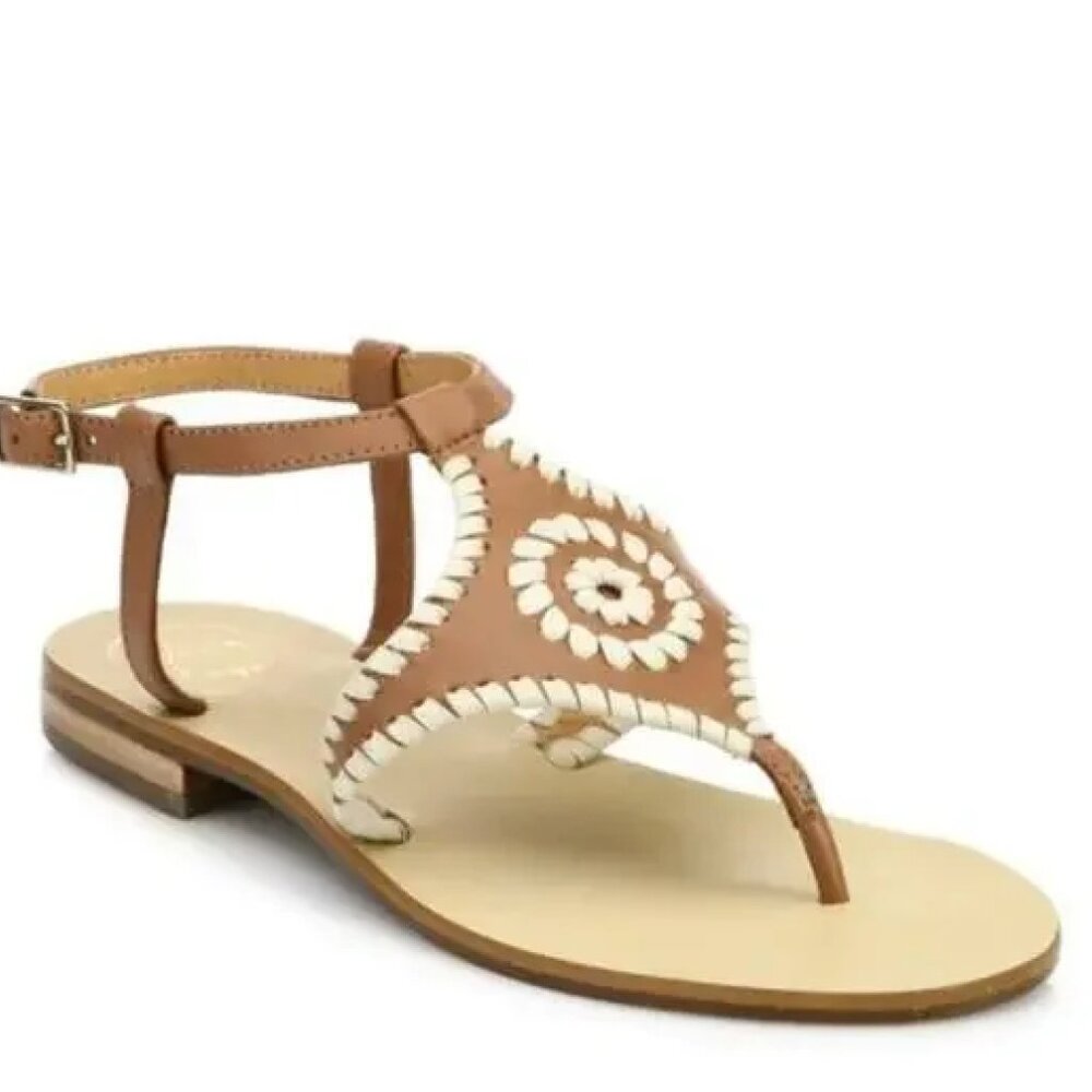 Jack Rogers Tan and White Leather T-Strap Sandals
